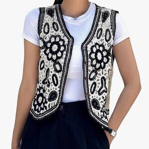 Black and White Floral Crochet Vest